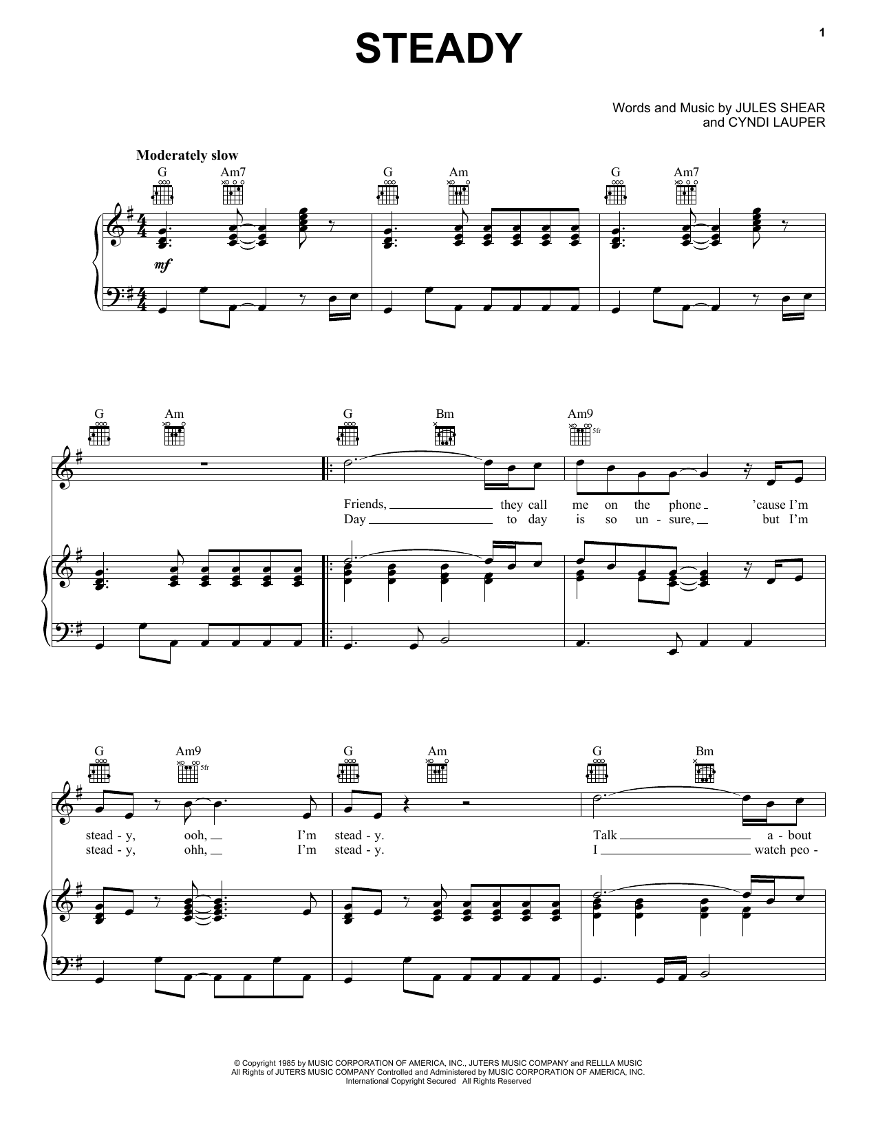 Jules Shear Steady Sheet Music Notes & Chords for Piano, Vocal & Guitar Chords (Right-Hand Melody) - Download or Print PDF