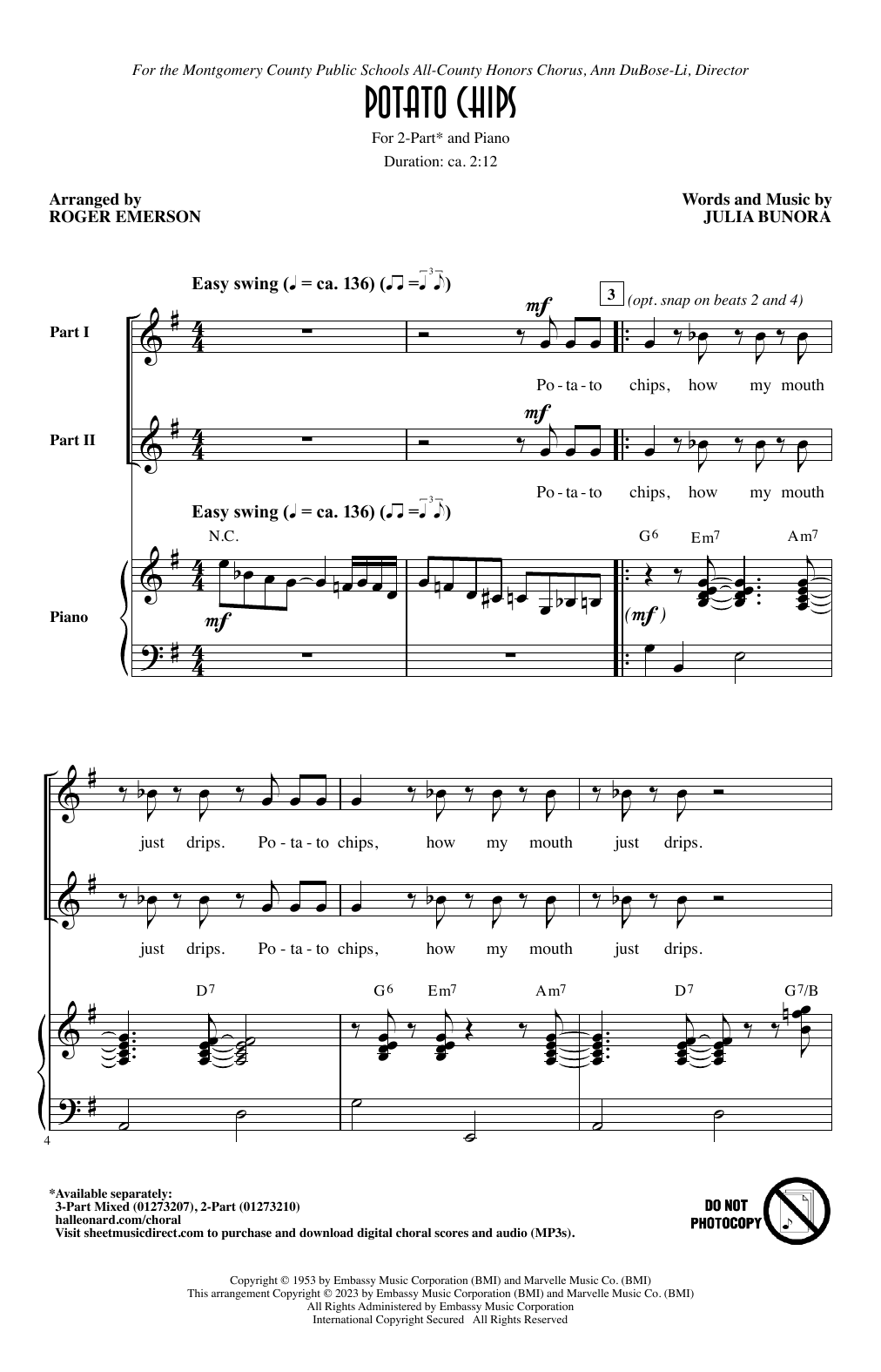 Julia Bunora Potato Chips (arr. Roger Emerson) Sheet Music Notes & Chords for 3-Part Mixed Choir - Download or Print PDF