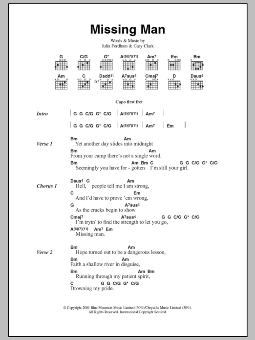 Julia Fordham Missing Man Sheet Music Notes & Chords for Guitar Chords/Lyrics - Download or Print PDF