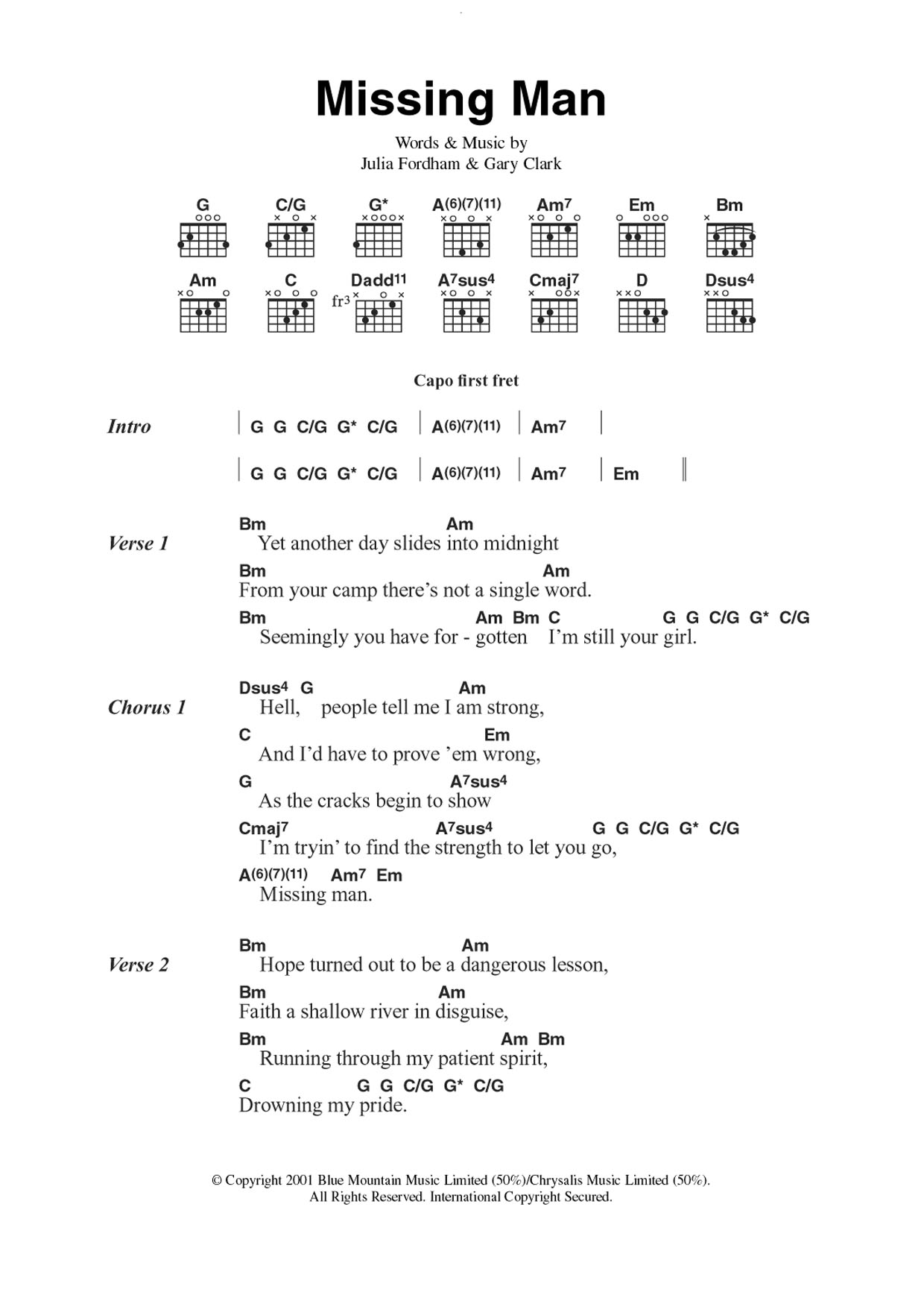 Julia Fordham Missing Man Sheet Music Notes & Chords for Guitar Chords/Lyrics - Download or Print PDF