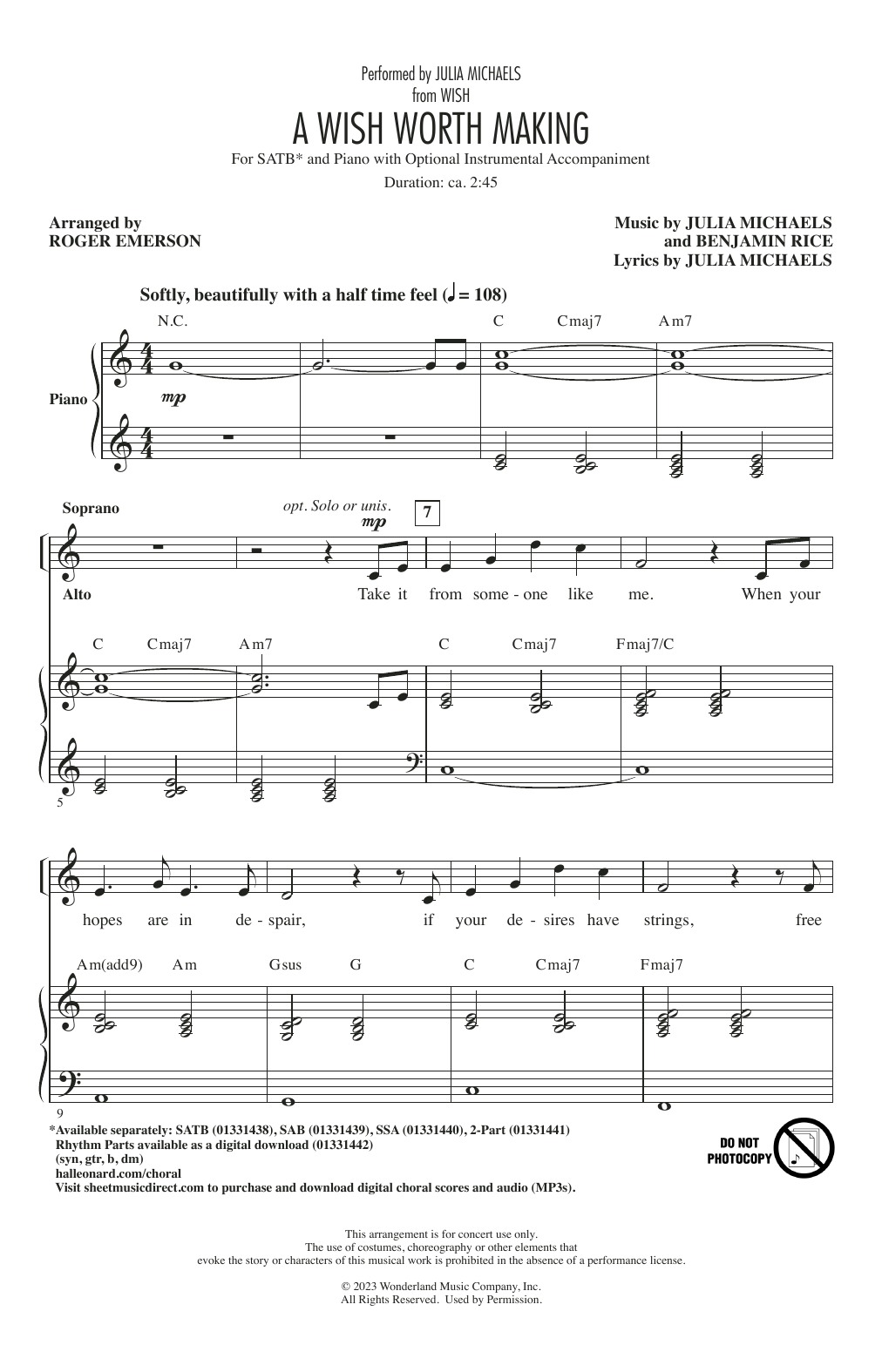 Julia Michaels A Wish Worth Making (from Wish) (arr. Roger Emerson) Sheet Music Notes & Chords for 2-Part Choir - Download or Print PDF
