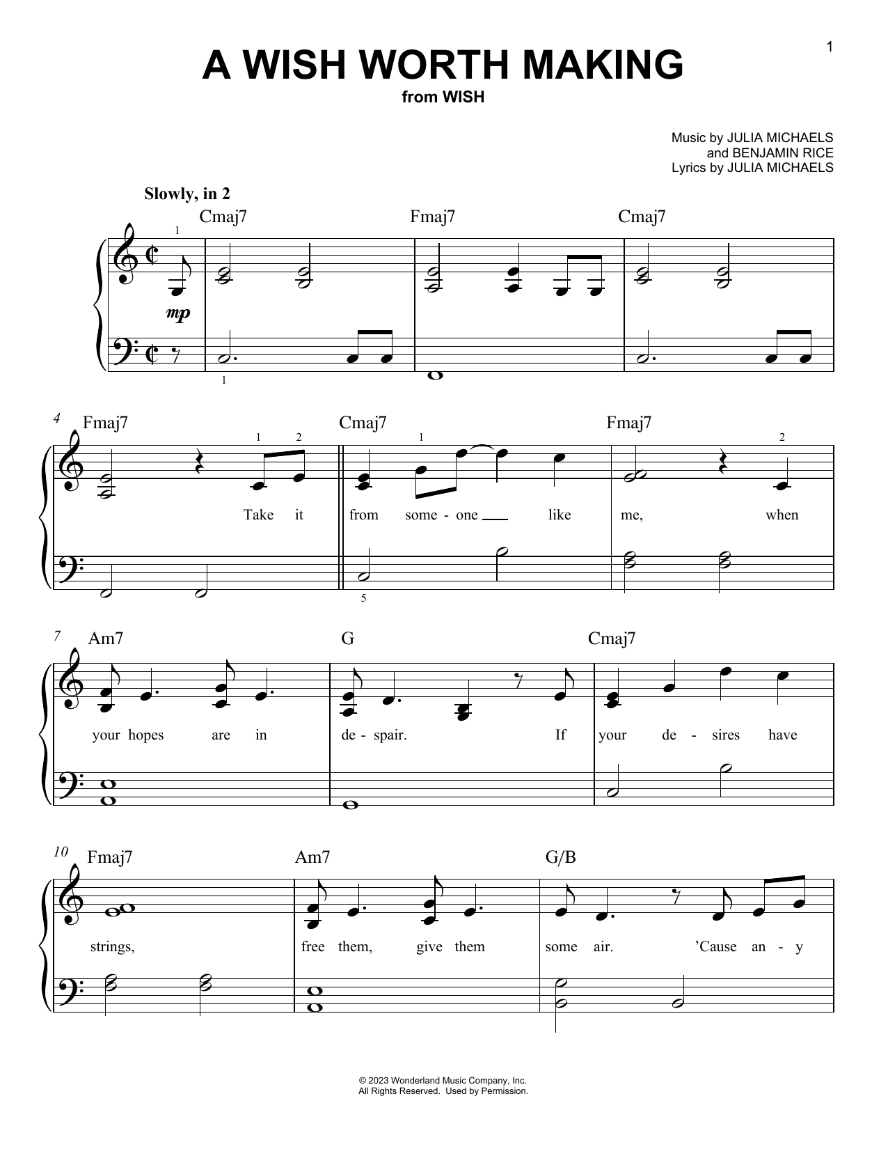 Julia Michaels A Wish Worth Making (from Wish) Sheet Music Notes & Chords for Piano, Vocal & Guitar Chords (Right-Hand Melody) - Download or Print PDF