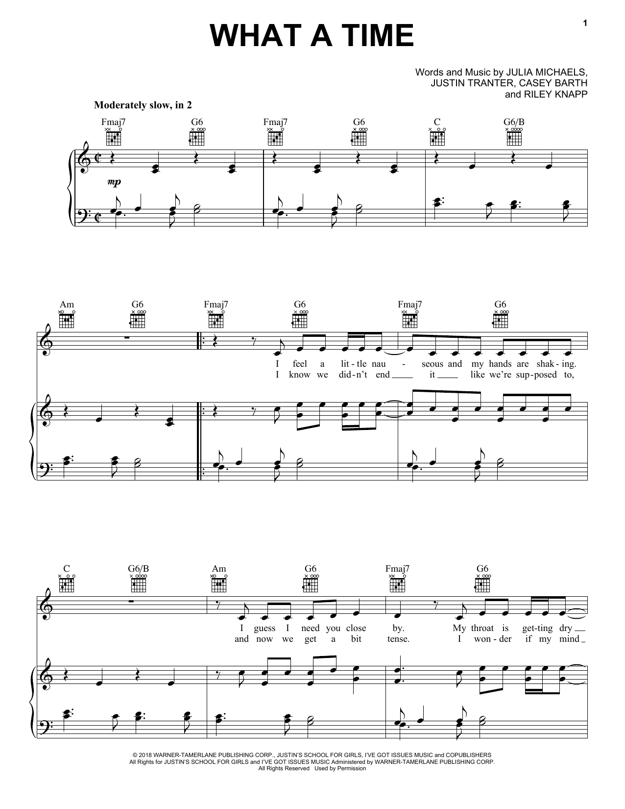 Julia Michaels What A Time (feat. Niall Horan) Sheet Music Notes & Chords for Piano, Vocal & Guitar (Right-Hand Melody) - Download or Print PDF