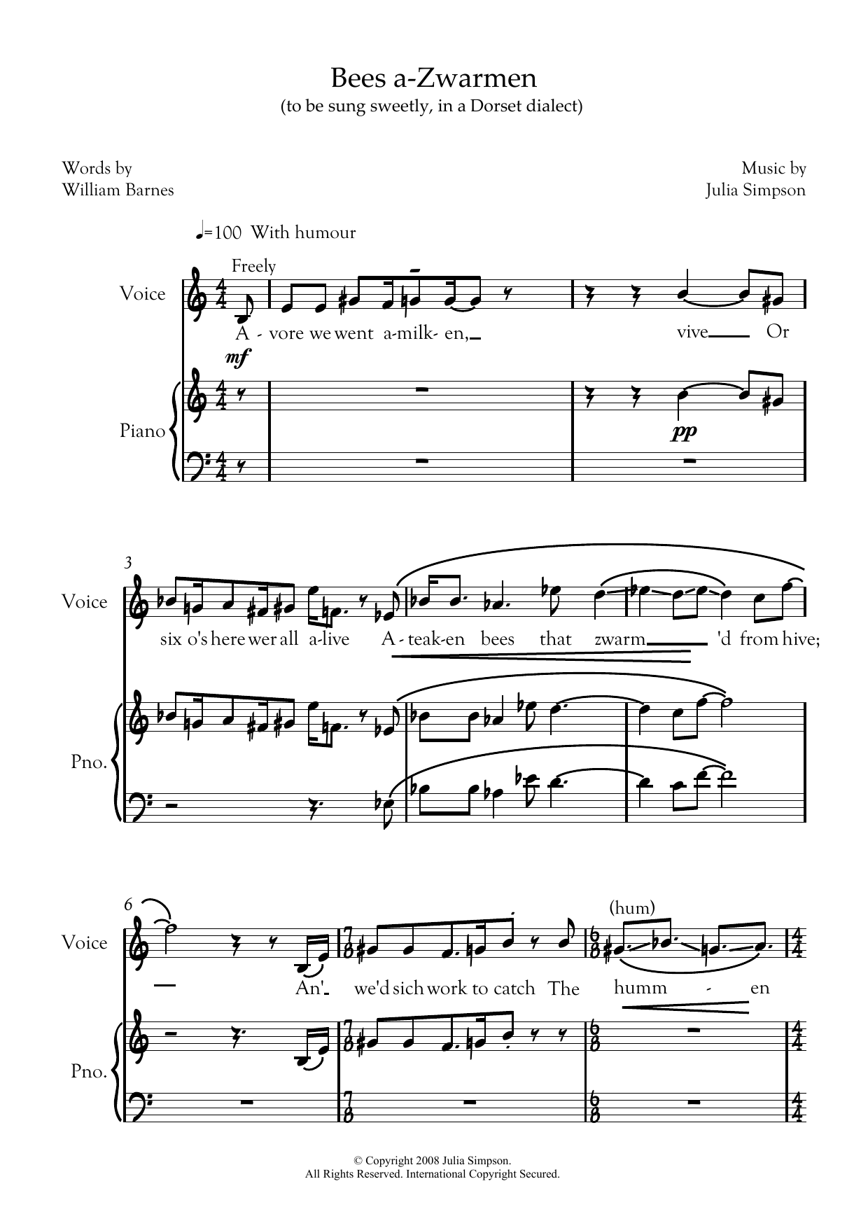 Julia Simpson Bees a-zwarmen (for mezzo-soprano and piano) Sheet Music Notes & Chords for Piano & Vocal - Download or Print PDF