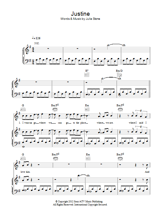 Julia Stone Justine Sheet Music Notes & Chords for Piano, Vocal & Guitar (Right-Hand Melody) - Download or Print PDF
