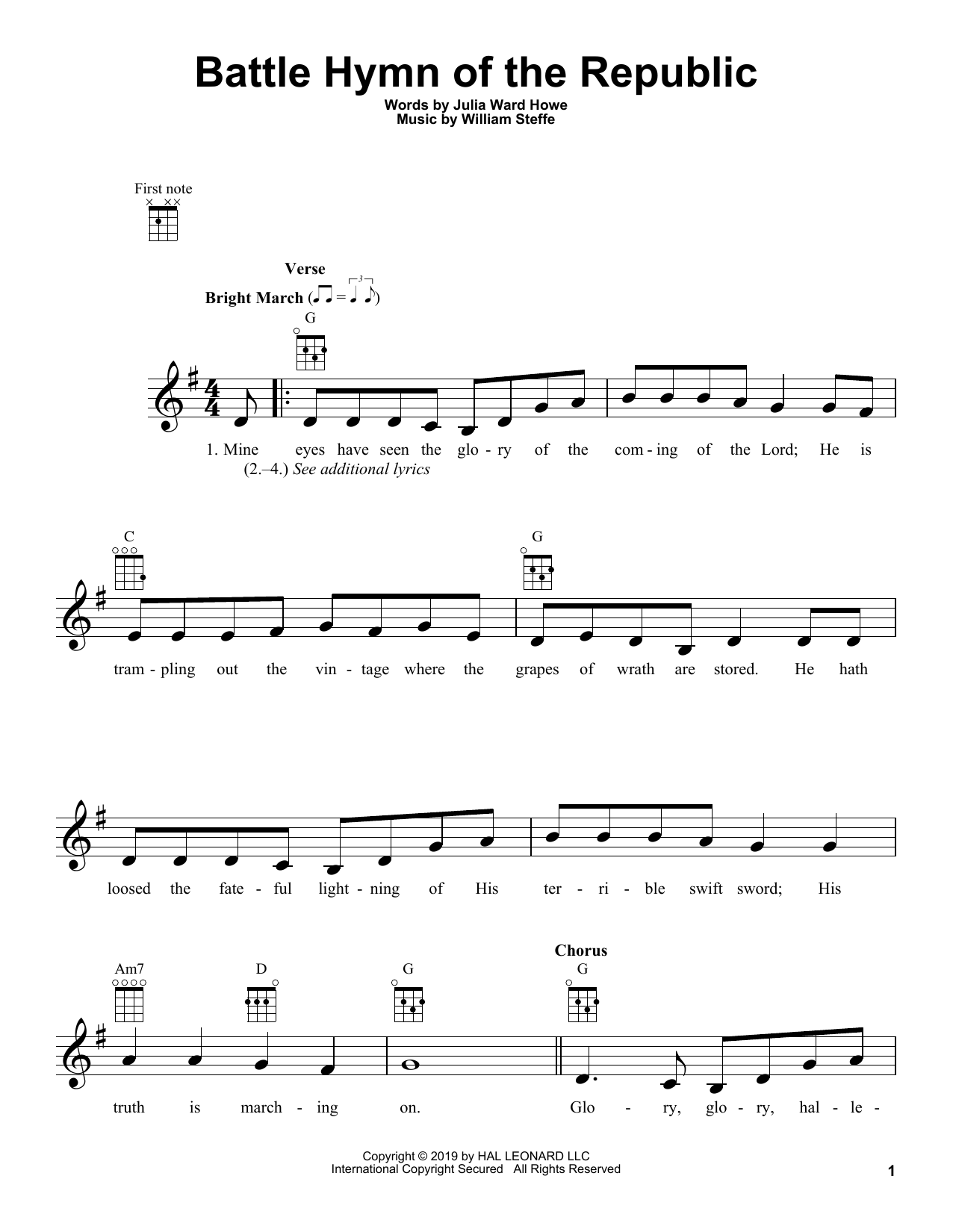 Julia Ward Howe & William Steffe Battle Hymn Of The Republic Sheet Music Notes & Chords for Ukulele - Download or Print PDF