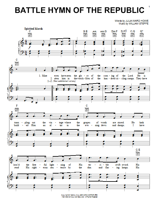 Julia Ward Howe Battle Hymn Of The Republic Sheet Music Notes & Chords for Piano, Vocal & Guitar (Right-Hand Melody) - Download or Print PDF