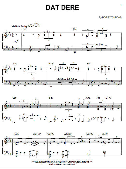 Cannonball Adderley Dat Dere Sheet Music Notes & Chords for Piano Solo - Download or Print PDF