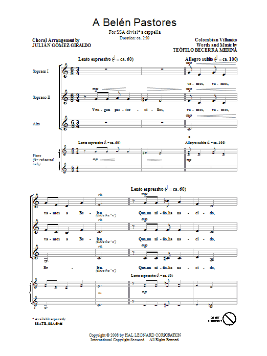 Teofilo Becerra Medina A Belen Pastores (Villancico) (arr. Julian Gomez Giraldo) Sheet Music Notes & Chords for SSA - Download or Print PDF