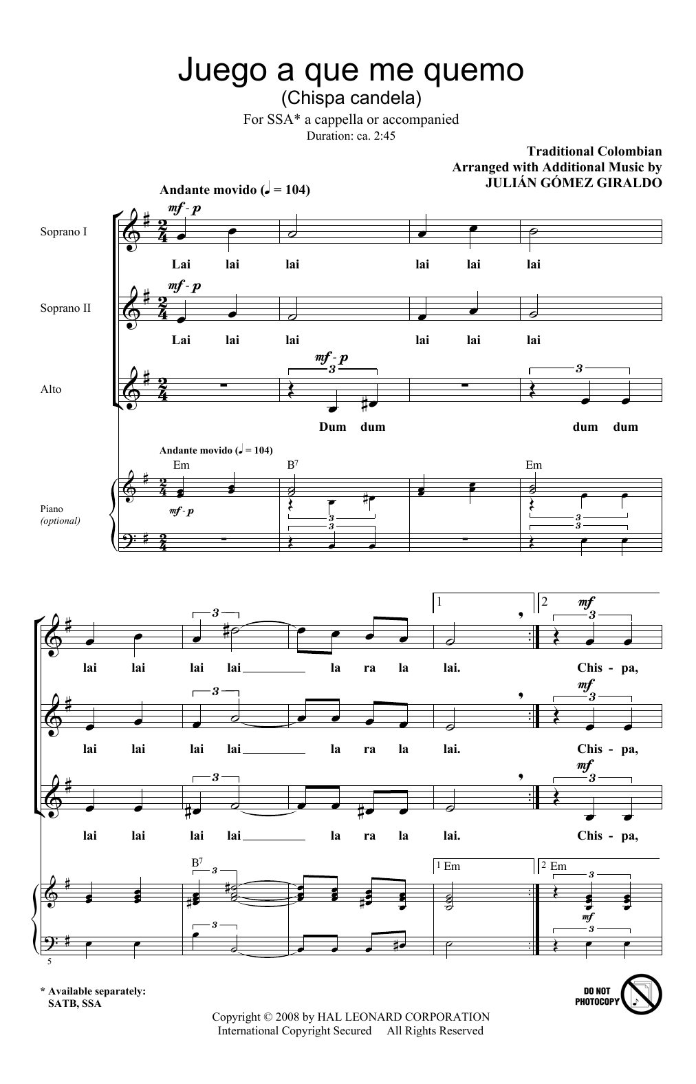 Julian Gomez Giraldo Juego A Que Me Quemo (Chispa Candela) Sheet Music Notes & Chords for SSA - Download or Print PDF