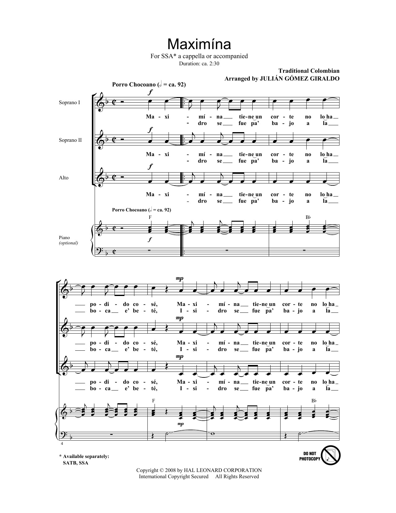 Julian Gomez Giraldo Maximina Sheet Music Notes & Chords for SSA - Download or Print PDF