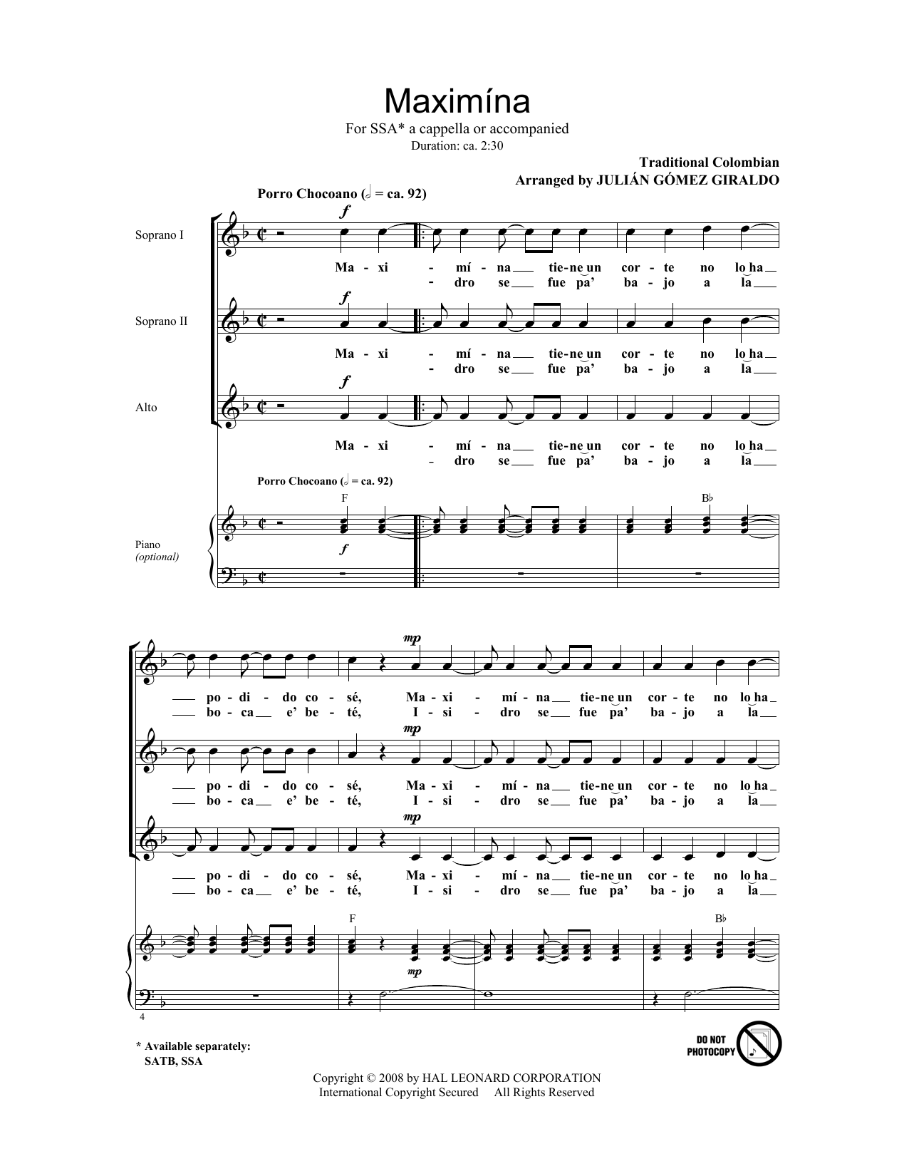 Julian Gomez Giraldo Maximina Sheet Music Notes & Chords for SATB - Download or Print PDF