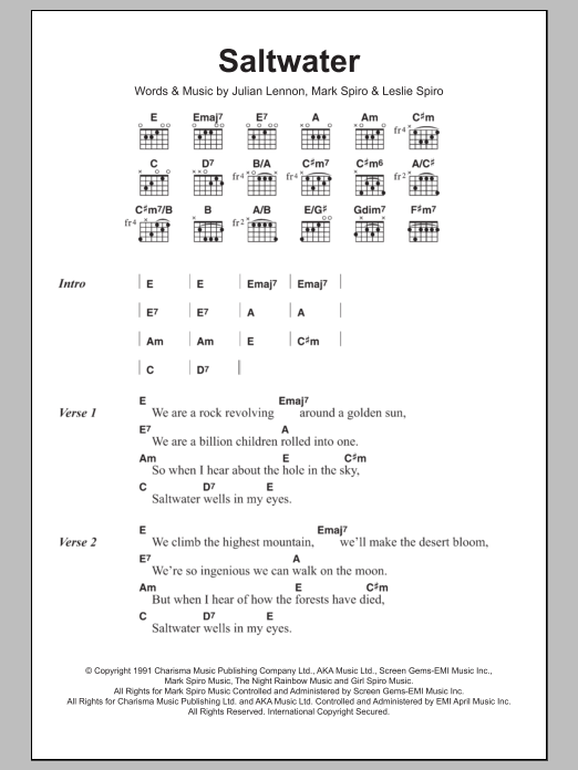 Julian Lennon Saltwater Sheet Music Notes & Chords for Lyrics & Chords - Download or Print PDF