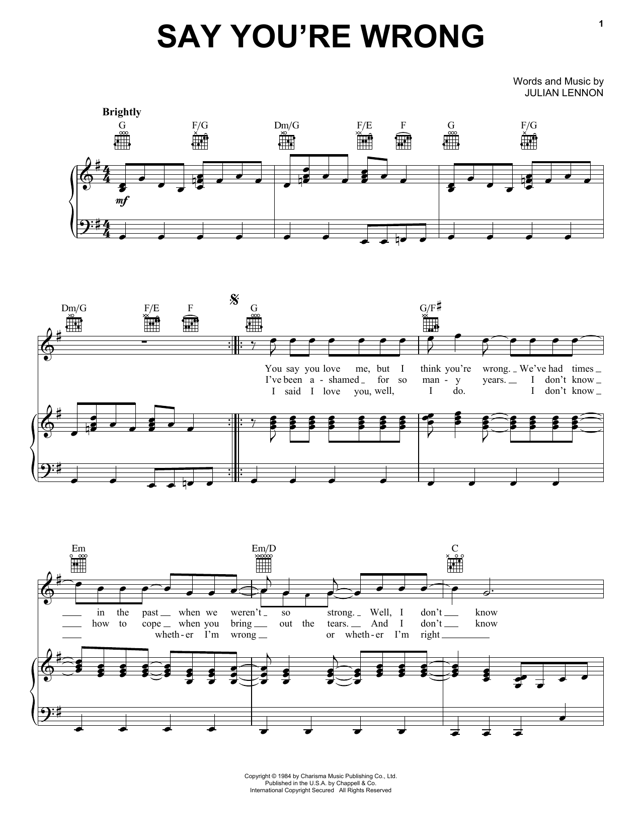 Julian Lennon Say You're Wrong Sheet Music Notes & Chords for Piano, Vocal & Guitar Chords (Right-Hand Melody) - Download or Print PDF