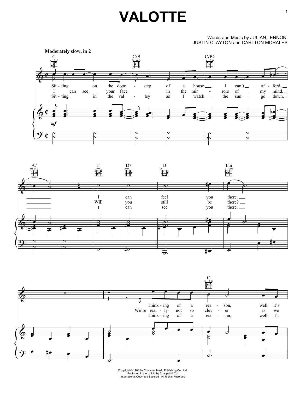 Julian Lennon Valotte Sheet Music Notes & Chords for Piano, Vocal & Guitar Chords (Right-Hand Melody) - Download or Print PDF