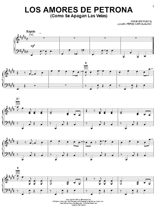Julian Perez Carvajalino Los Amores De Petrona (Como Se Apagan Las Velas) Sheet Music Notes & Chords for Piano, Vocal & Guitar (Right-Hand Melody) - Download or Print PDF