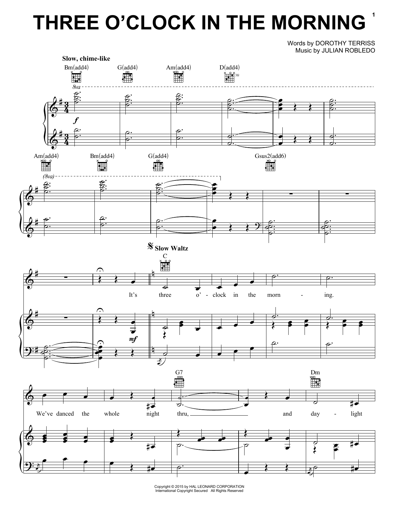 Julian Robledo Three O'Clock In The Morning Sheet Music Notes & Chords for Piano, Vocal & Guitar (Right-Hand Melody) - Download or Print PDF Julian Robledo Three O'Clock In The Morning Sheet Music Notes & Chords for Piano, Vocal & Guitar (Right-Hand Melody) - Download or Print PDF