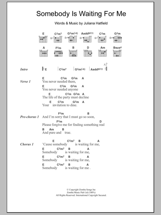 Juliana Hatfield Somebody Is Waiting For Me Sheet Music Notes & Chords for Lyrics & Chords - Download or Print PDF