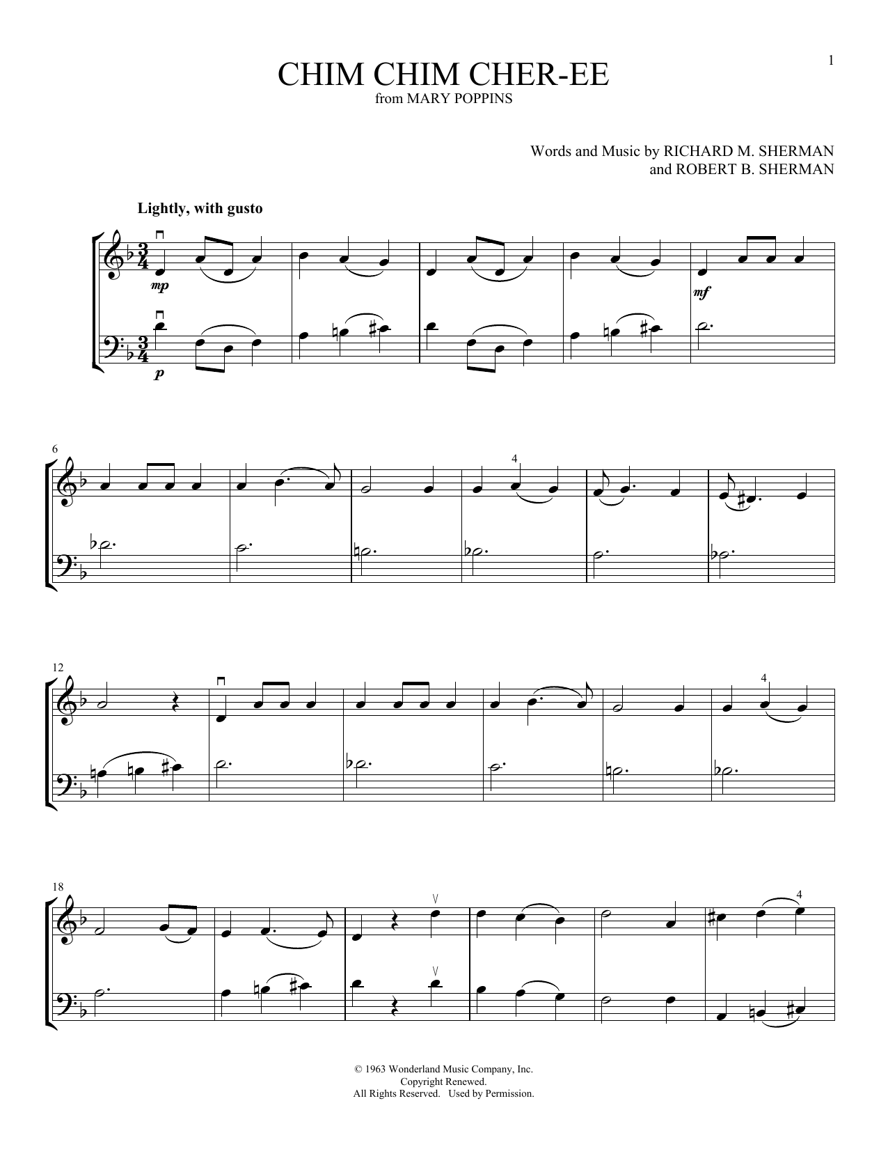 Julie Andrews And Dick Van Dyke Chim Chim Cher-ee (from Mary Poppins) (arr. Michelle Hynson) Sheet Music Notes & Chords for Instrumental Duet - Download or Print PDF