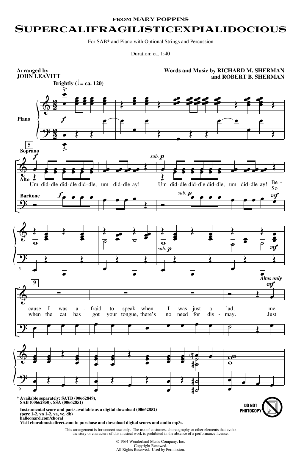 Julie Andrews Supercalifragilisticexpialidocious (from Mary Poppins) (arr. John Leavitt) Sheet Music Notes & Chords for SAB Choir - Download or Print PDF