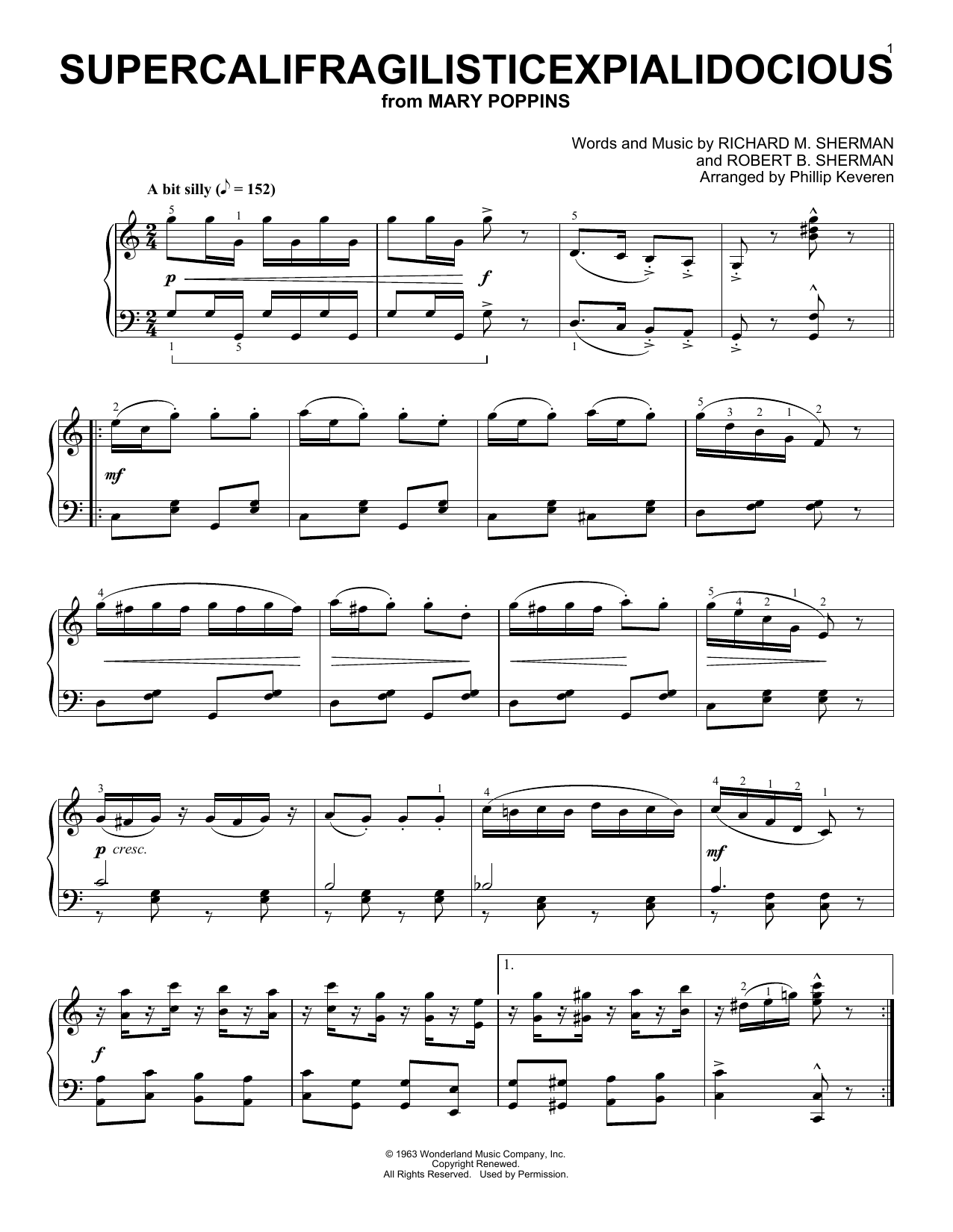 Sherman Brothers Supercalifragilisticexpialidocious [Ragtime version] (arr. Phillip Keveren) Sheet Music Notes & Chords for Piano - Download or Print PDF