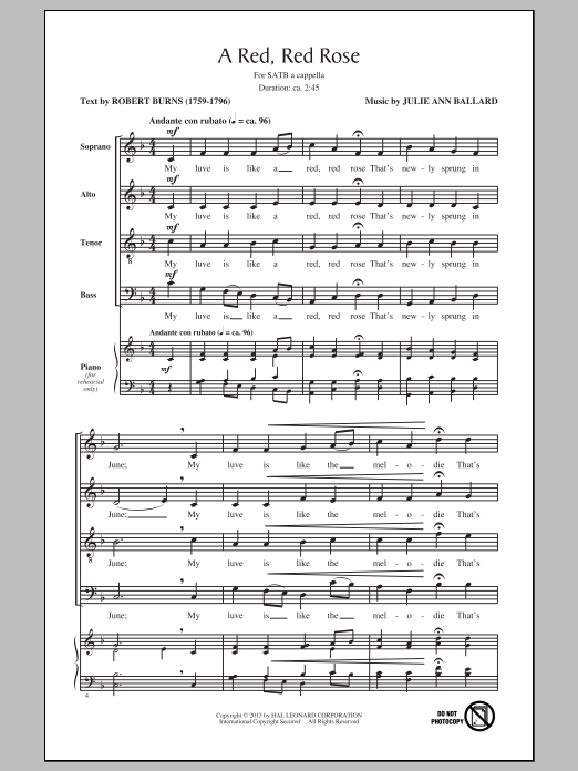 Julie Ann Ballard A Red, Red Rose Sheet Music Notes & Chords for SATB - Download or Print PDF