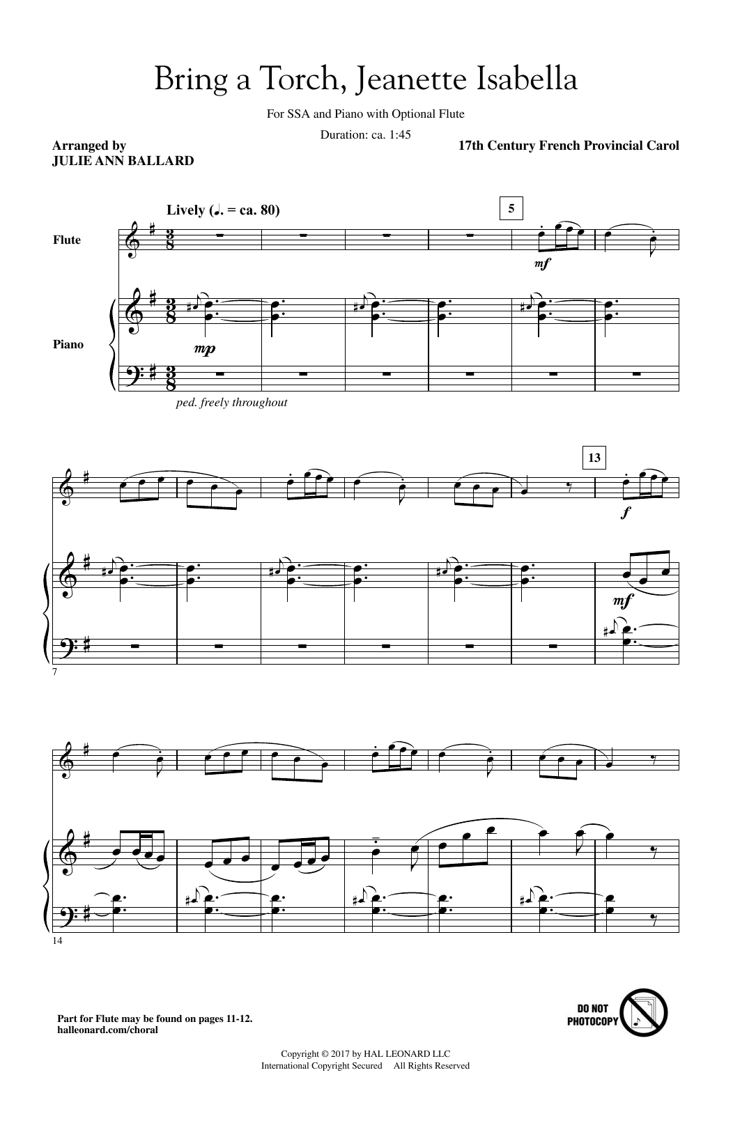 Julie Ann Ballard Bring A Torch, Jeannette Isabella Sheet Music Notes & Chords for SSA - Download or Print PDF