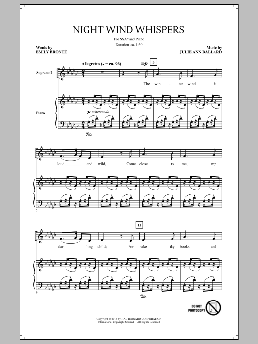 Julie Ann Ballard Night Wind Whispers Sheet Music Notes & Chords for SSA - Download or Print PDF