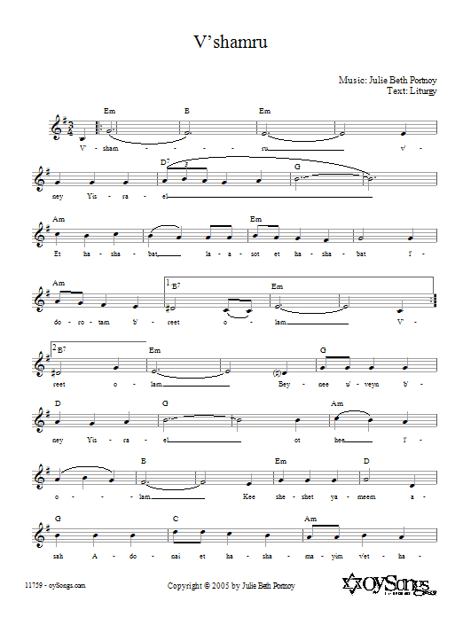 Julie Beth Portnoy V'shamru Sheet Music Notes & Chords for Melody Line, Lyrics & Chords - Download or Print PDF