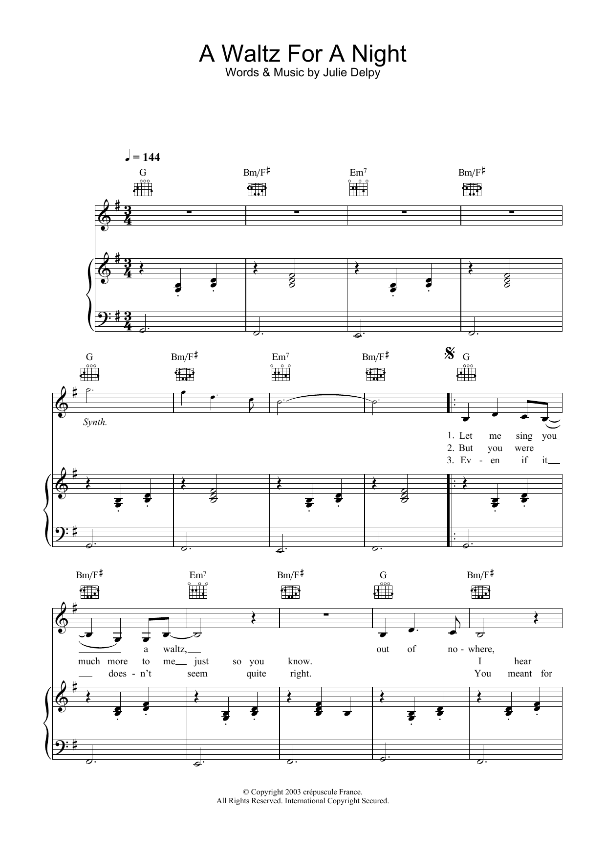 Julie Delpy A Waltz For A Night Sheet Music Notes & Chords for Piano, Vocal & Guitar - Download or Print PDF