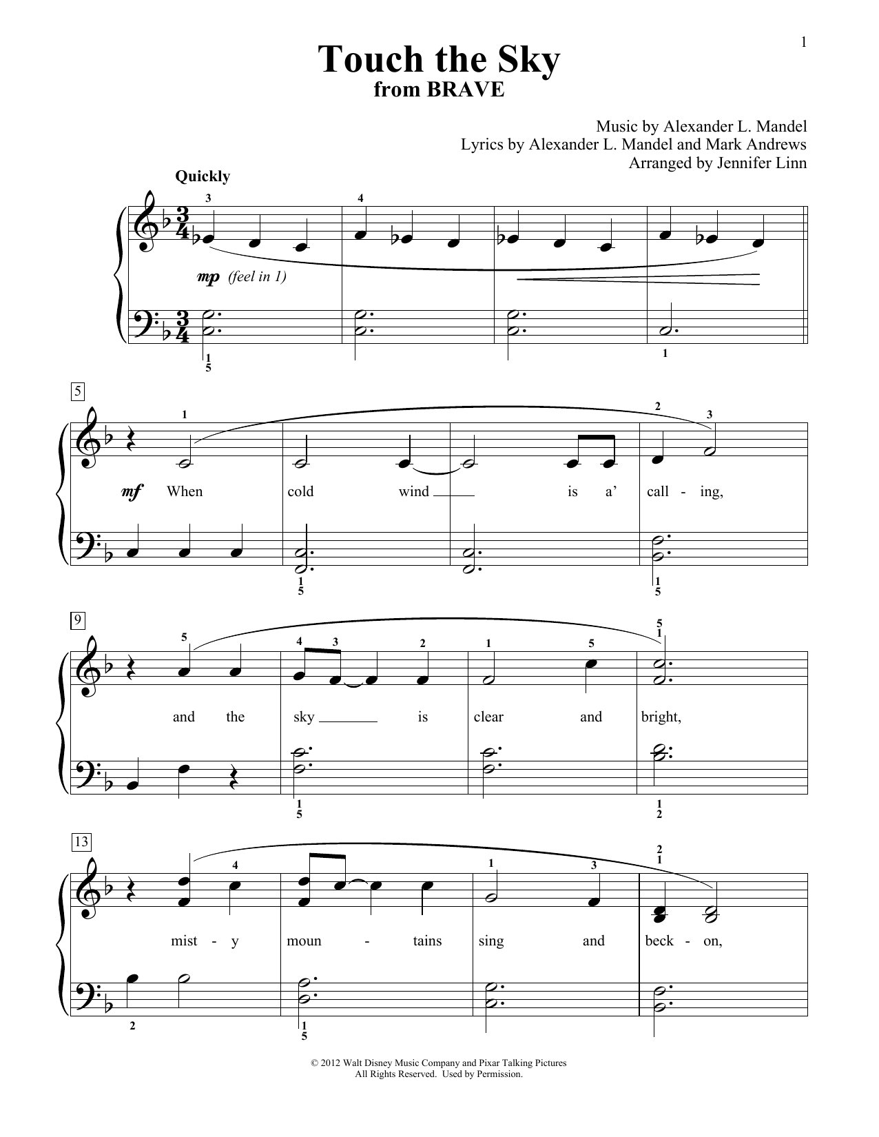 Julie Fowlis Touch The Sky (from Brave) (arr. Jennifer Linn) Sheet Music Notes & Chords for Educational Piano - Download or Print PDF