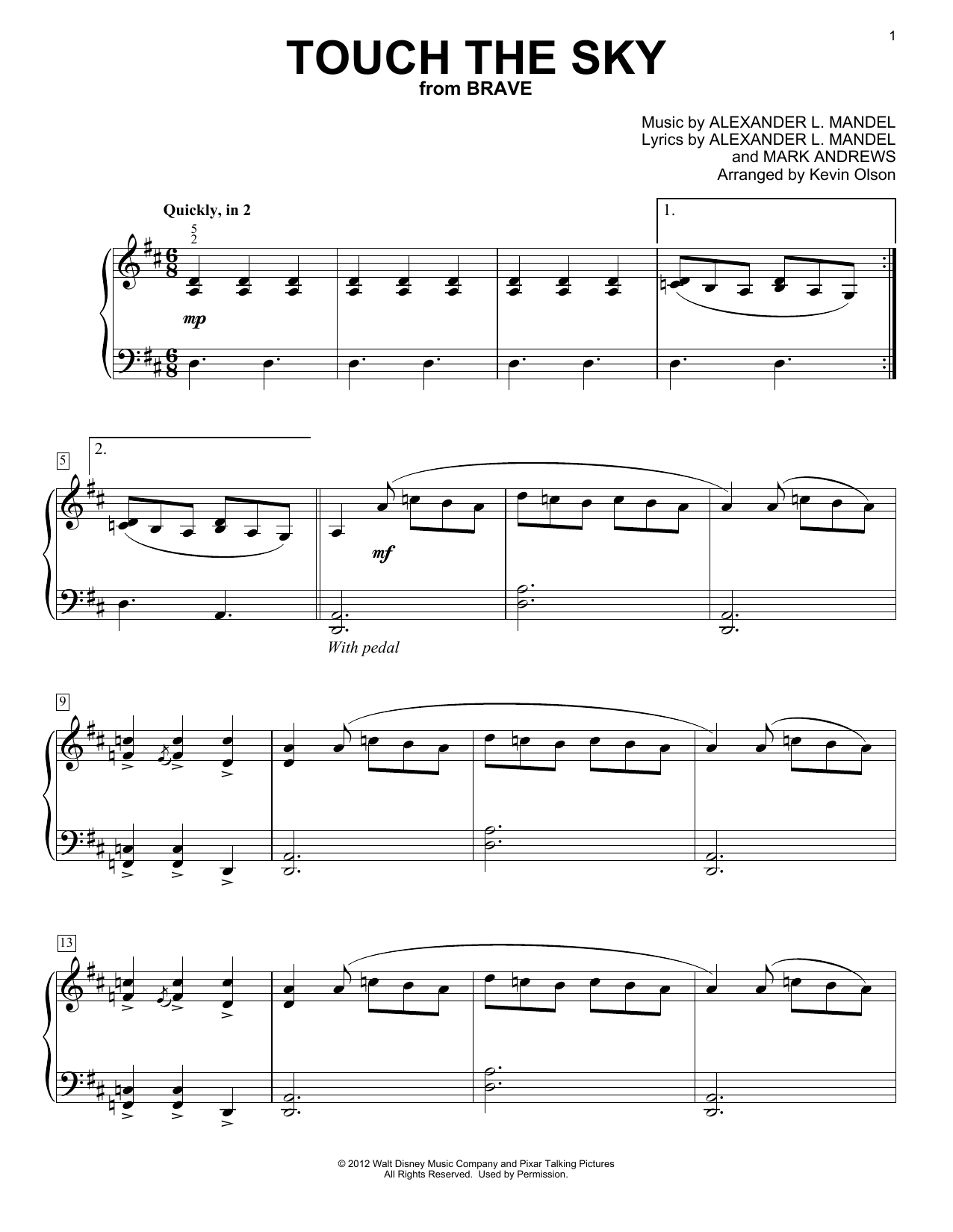 Julie Fowlis Touch The Sky (from Brave) (arr. Kevin Olson) Sheet Music Notes & Chords for Easy Piano Solo - Download or Print PDF