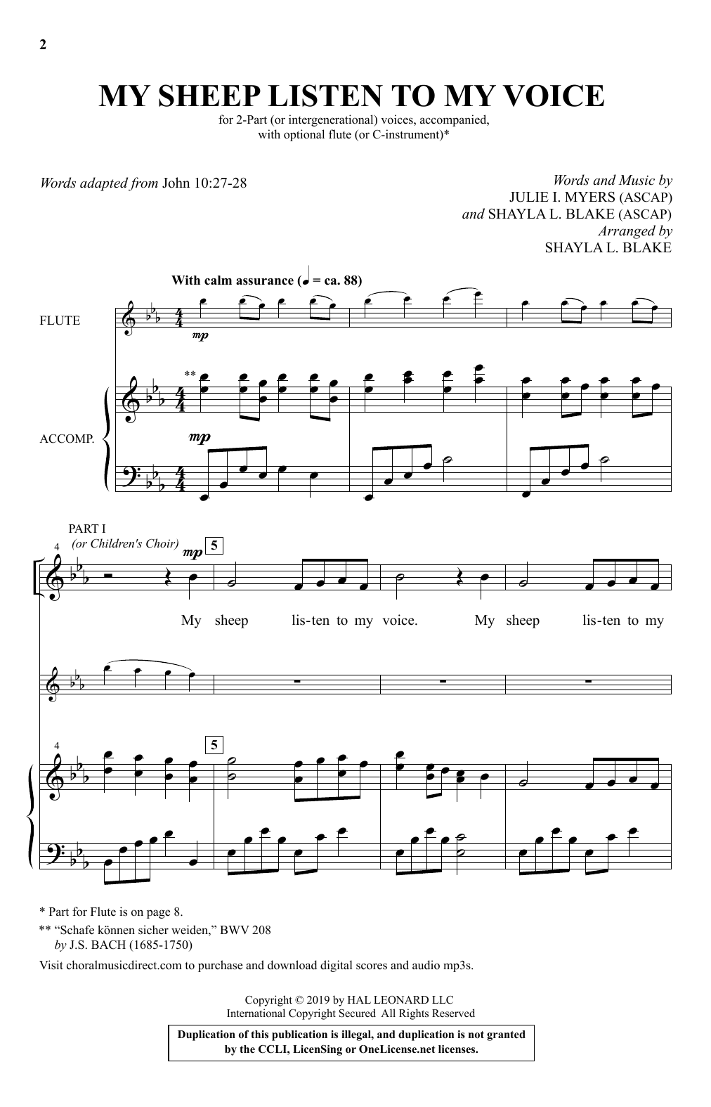 Julie I. Myers and Shayla L. Blake My Sheep Listen To My Voice (arr. Shayla L. Blake) Sheet Music Notes & Chords for 2-Part Choir - Download or Print PDF Julie I. Myers and Shayla L. Blake My Sheep Listen To My Voice (arr. Shayla L. Blake) Sheet Music Notes & Chords for 2-Part Choir - Download or Print PDF