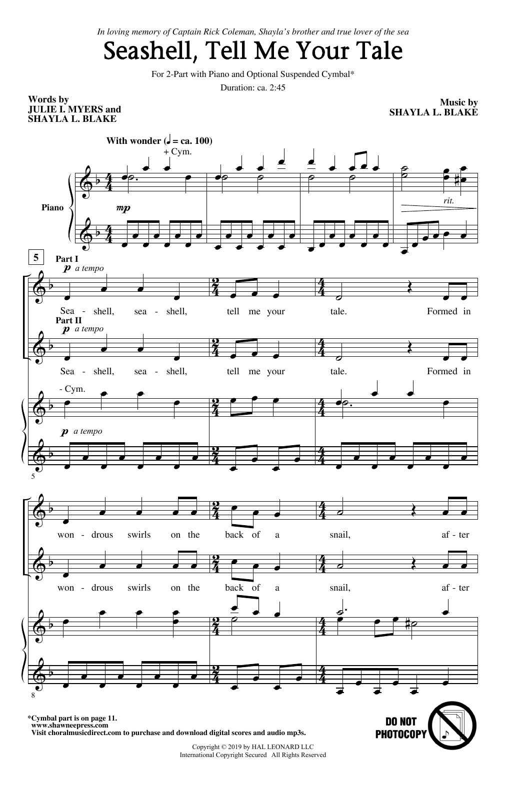 Julie I. Myers and Shayla L. Blake Seashell, Tell Me Your Tale Sheet Music Notes & Chords for 2-Part Choir - Download or Print PDF