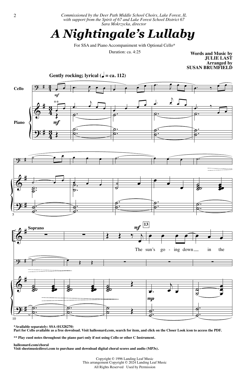 Julie Last A Nightingale's Lullaby (arr. Susan Brumfield) Sheet Music Notes & Chords for SSA Choir - Download or Print PDF