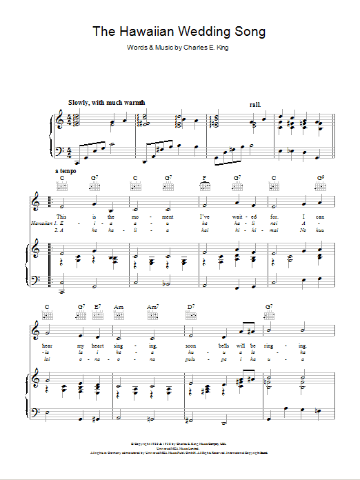 Julie Rogers The Hawaiian Wedding Song Sheet Music Notes & Chords for Piano, Vocal & Guitar (Right-Hand Melody) - Download or Print PDF
