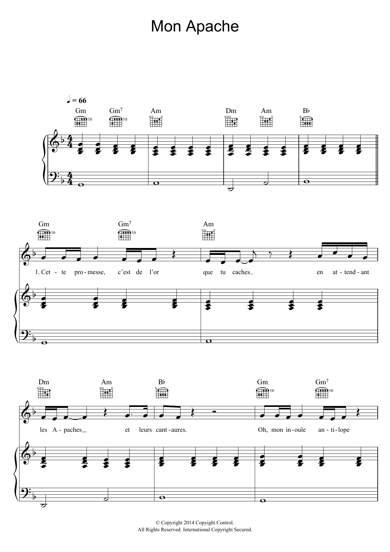 Julien Dore Mon Apache Sheet Music Notes & Chords for Piano, Vocal & Guitar (Right-Hand Melody) - Download or Print PDF