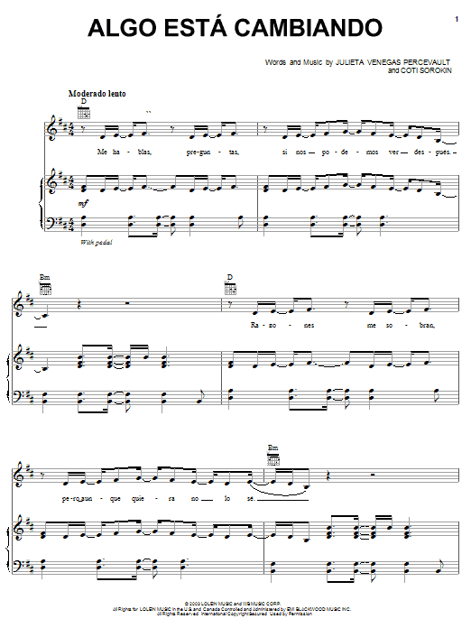 Julieta Venegas Percevault Algo Esta Cambiando Sheet Music Notes & Chords for Piano, Vocal & Guitar (Right-Hand Melody) - Download or Print PDF