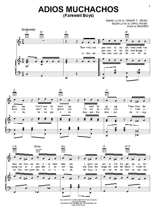 Julio Cesar Sanders Adios Muchachos (Farewell Boys) Sheet Music Notes & Chords for Piano, Vocal & Guitar (Right-Hand Melody) - Download or Print PDF