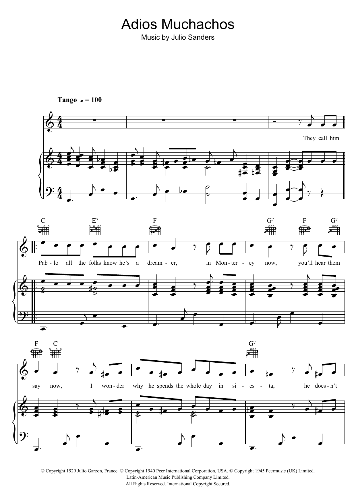 Julio Cesar Sanders Pablo The Dreamer (Adios Muchachos) Sheet Music Notes & Chords for Piano, Vocal & Guitar (Right-Hand Melody) - Download or Print PDF