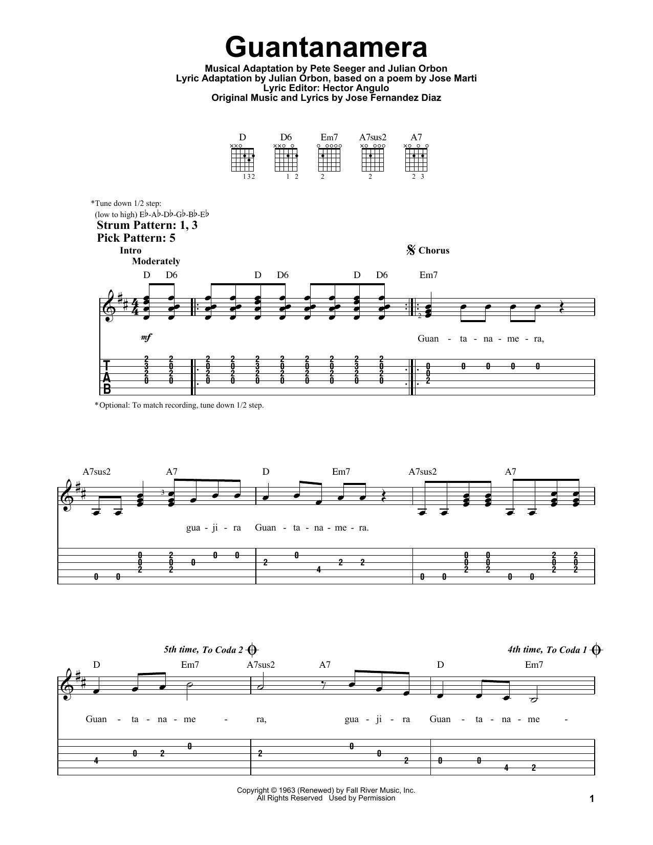 Julio Iglesias Guantanamera Sheet Music Notes & Chords for Easy Guitar with TAB - Download or Print PDF
