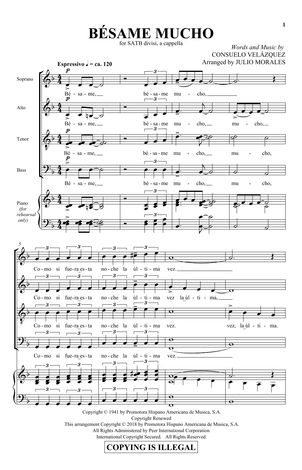 Julio Morales Bésame Mucho Sheet Music Notes & Chords for SATB - Download or Print PDF