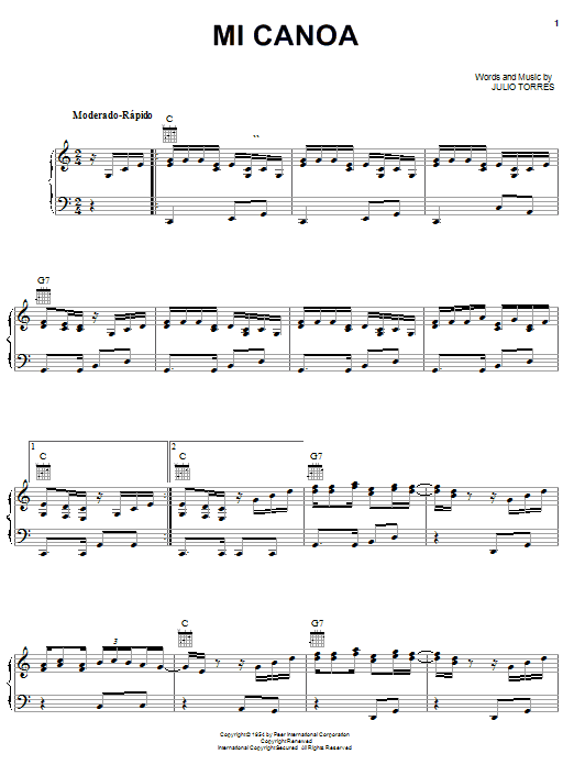 Julio Torres Mi Canoa Sheet Music Notes & Chords for Piano, Vocal & Guitar (Right-Hand Melody) - Download or Print PDF