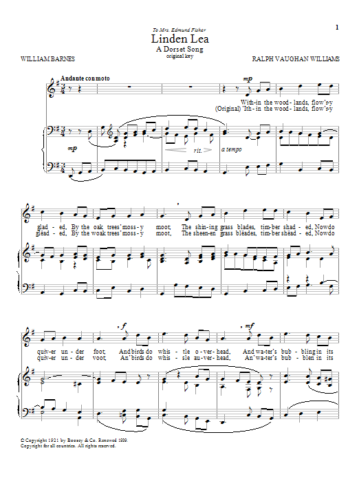 Julius Harrison Linden Lea Sheet Music Notes & Chords for Piano & Vocal - Download or Print PDF