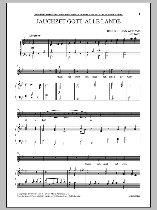 Julius Johann Weiland Jauchzet Gott, Alle Lande Sheet Music Notes & Chords for Piano & Vocal - Download or Print PDF