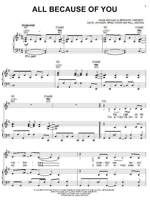 Jump5 All Because Of You Sheet Music Notes & Chords for Piano, Vocal & Guitar (Right-Hand Melody) - Download or Print PDF