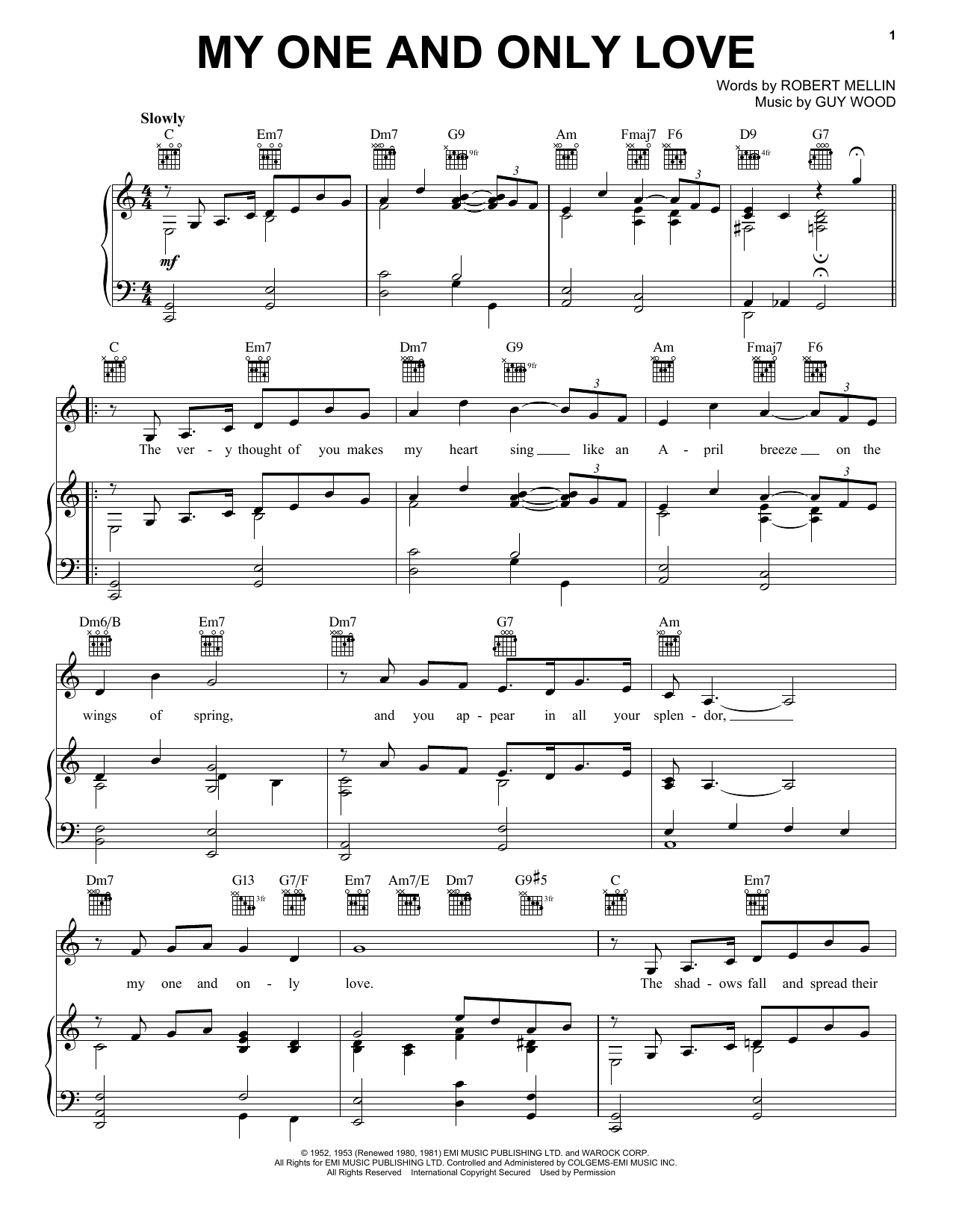 June Christy My One And Only Love Sheet Music Notes & Chords for Piano, Vocal & Guitar (Right-Hand Melody) - Download or Print PDF