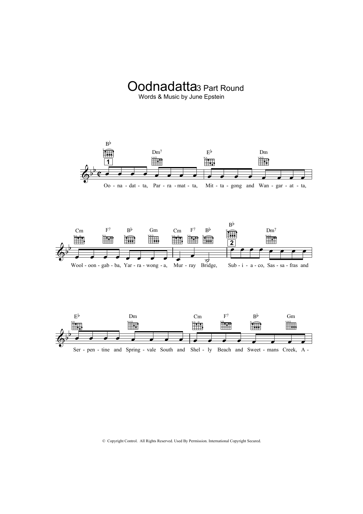 June Epstein Oodnadatta Sheet Music Notes & Chords for Melody Line, Lyrics & Chords - Download or Print PDF