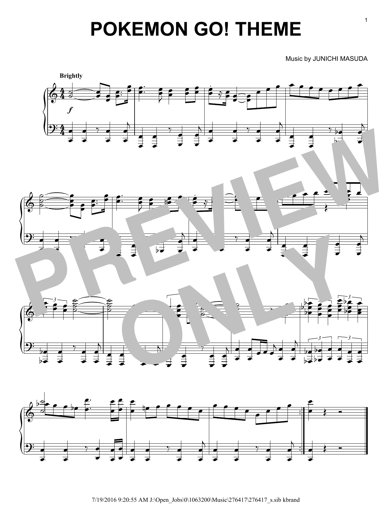 Junichi Masuda Pokemon Go! Theme Sheet Music Notes & Chords for Piano - Download or Print PDF
