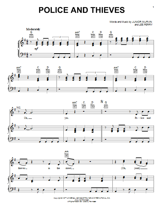 Junior Murvin Police And Thieves Sheet Music Notes & Chords for Piano, Vocal & Guitar (Right-Hand Melody) - Download or Print PDF
